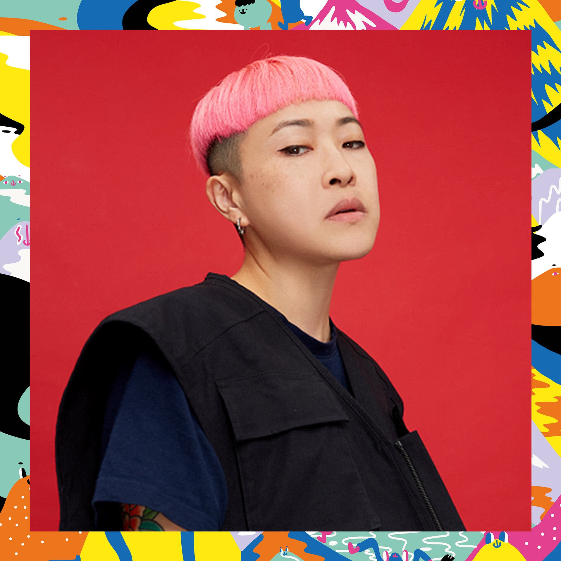 Portrait of Zoie Lam against red background with colorful border 